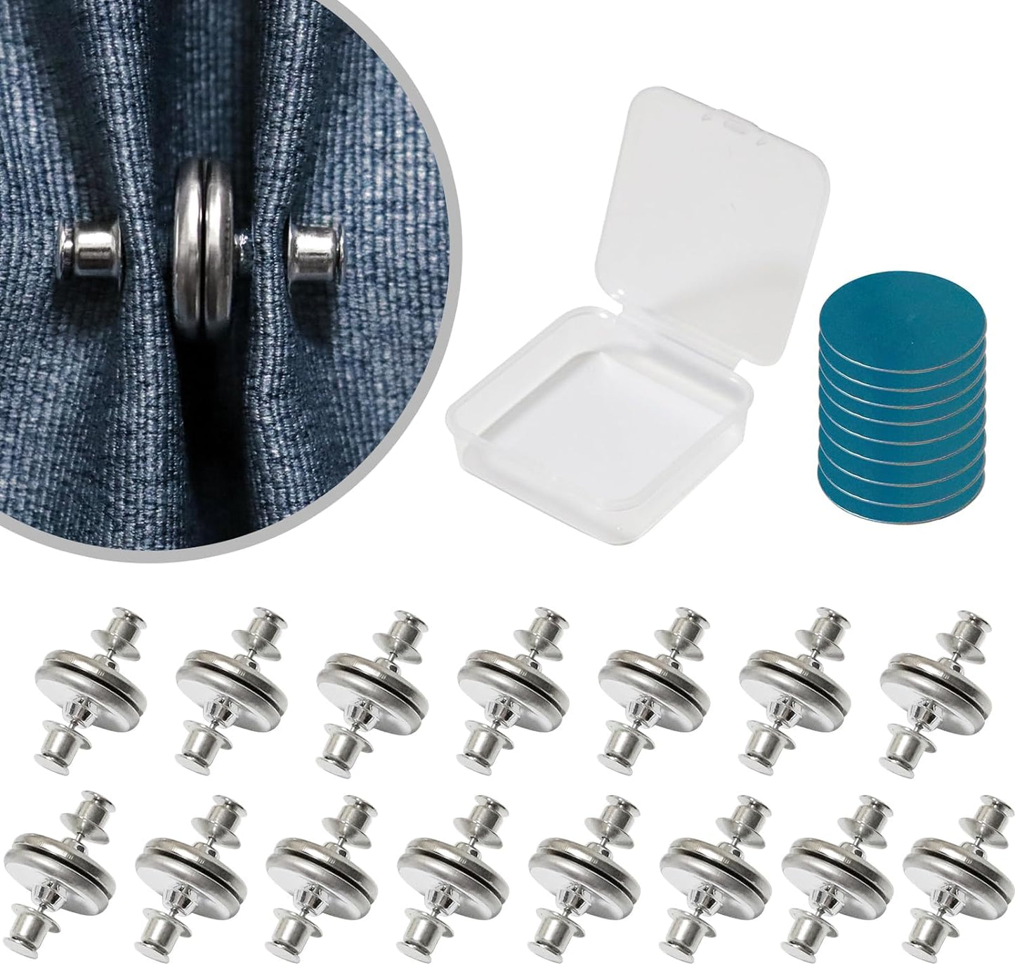 15Piars Curtain Magnets Closure Silver Magnetic Curtain Button Clip with 8 Self-Adhesive Patch Strong Magnetic Curtain Buckle to Keep Curtains Closed Prevents Light Leakage for Curtain Drapes